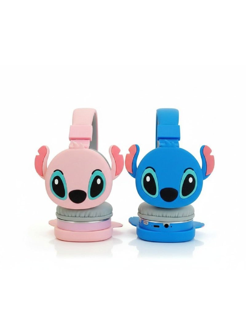 طقم سماعات رأس لاسلكية للأطفال بتصميم شخصيات كرتونية، لون أزرق